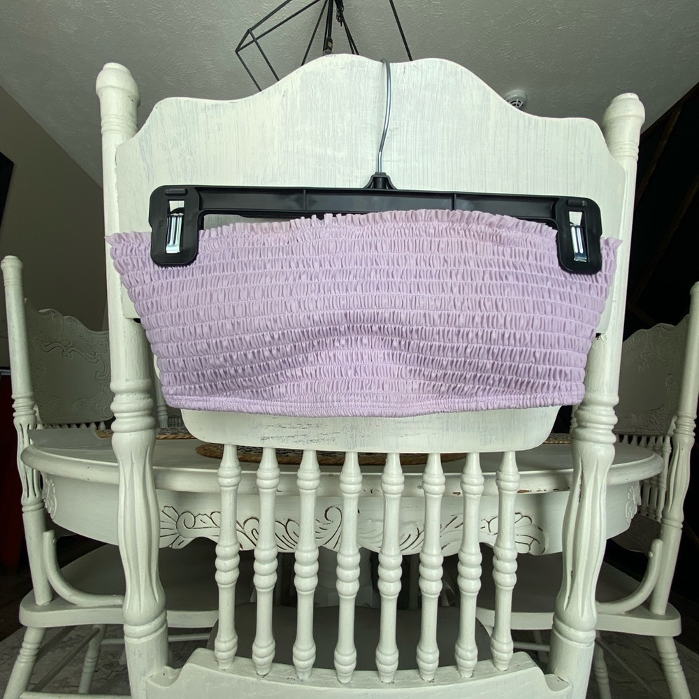 Lavender aero bikini. Strapless ruched top w/ moderate coverage mid rise bottoms